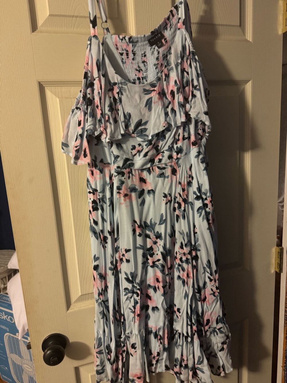 Torrid Light Blue Floral Off-Shoulder Dress with Pink Blooms